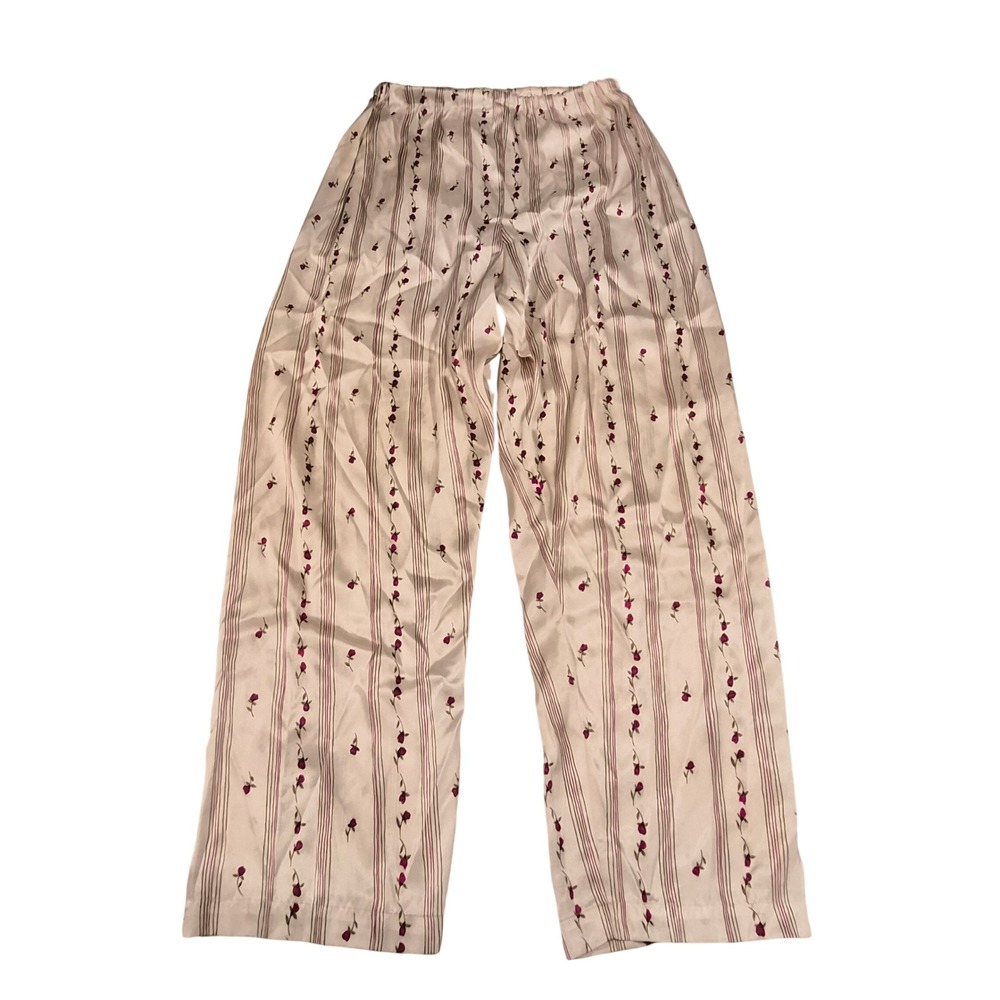 Vintage 80s 90s Satin Floral Striped Lounge Pants Pajama Cream Pink Rose M